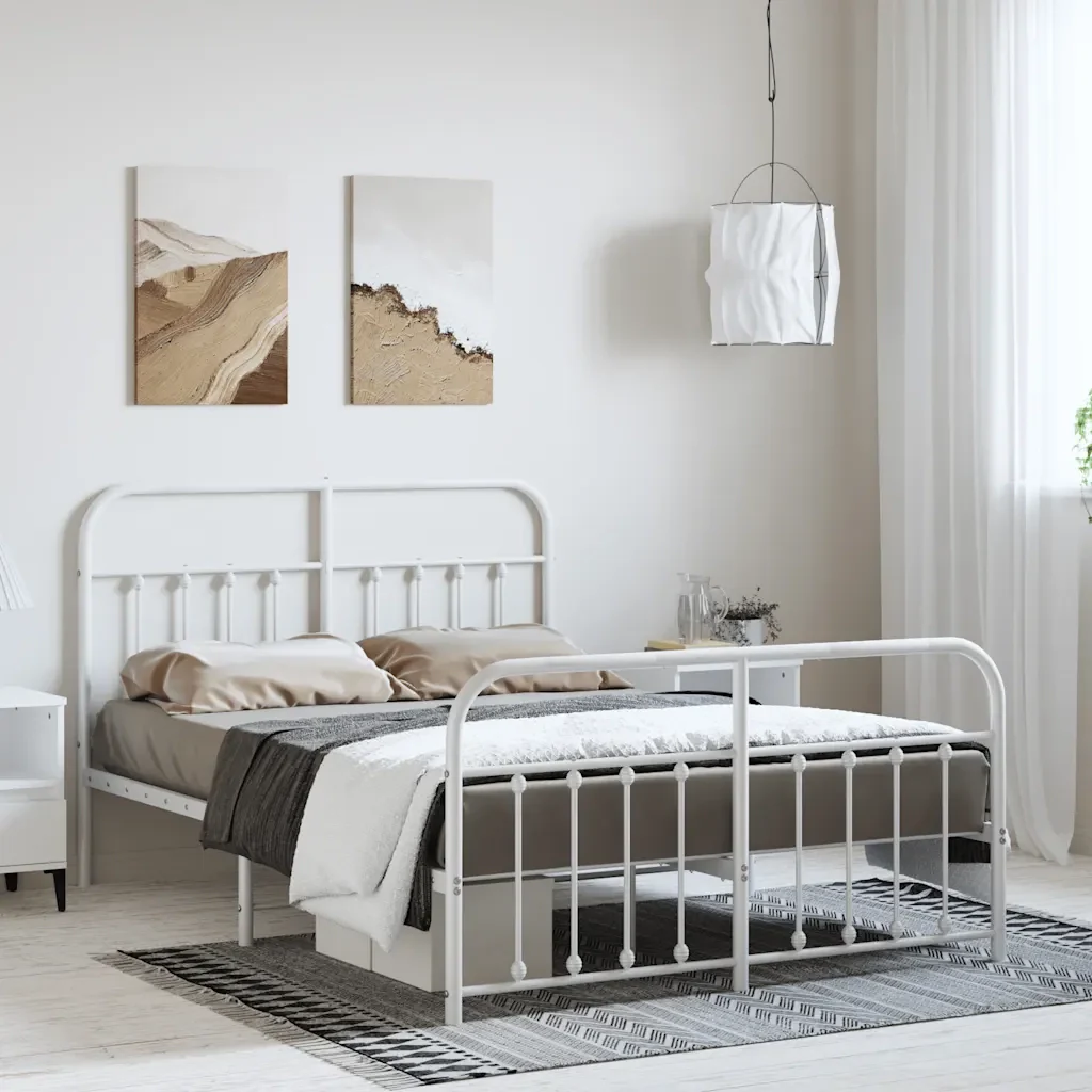 Letto matrimoniale | Letto per adulti | Giroletto con Testiera e Pediera Metallo Bianco 150x200 cm - Image 2