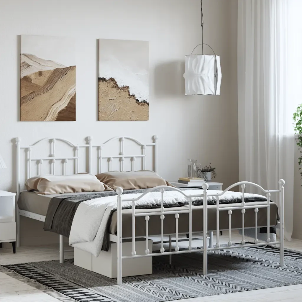 Letto matrimoniale | Letto per adulti | Giroletto con Testiera e Pediera Metallo Bianco 150x200 cm - Image 2