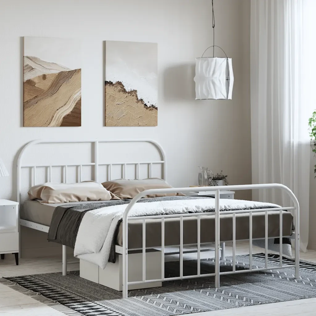 Letto matrimoniale | Letto per adulti | Giroletto con Testiera e Pediera Metallo Bianco 150x200 cm - Image 2