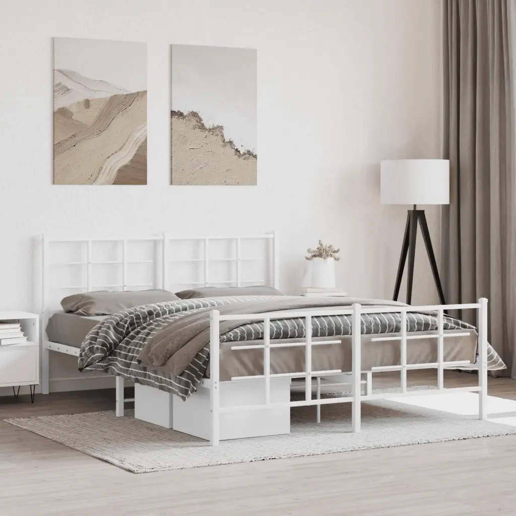 Letto matrimoniale | Letto per adulti | Giroletto con Testiera e Pediera Metallo Bianco 150x200 cm - Image 2