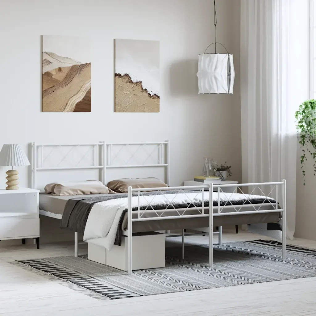 Letto matrimoniale | Letto per adulti | Giroletto con Testiera e Pediera Metallo Bianco 150x200 cm - Image 2