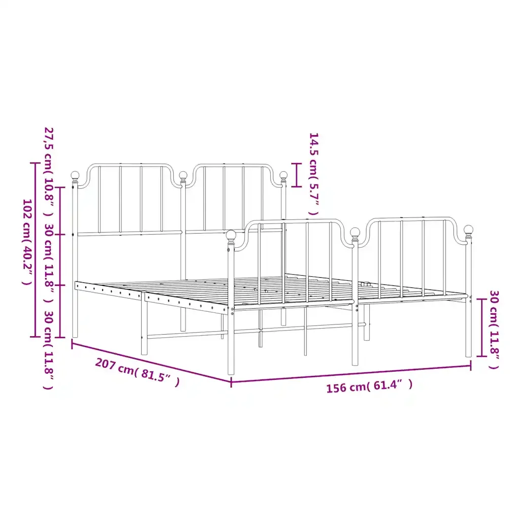 Letto matrimoniale | Letto per adulti | Giroletto con Testiera e Pediera Metallo Bianco 150x200 cm - Image 10