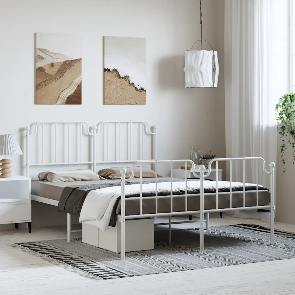 Letto matrimoniale | Letto per adulti | Giroletto con Testiera e Pediera Metallo Bianco 150x200 cm - Image 2