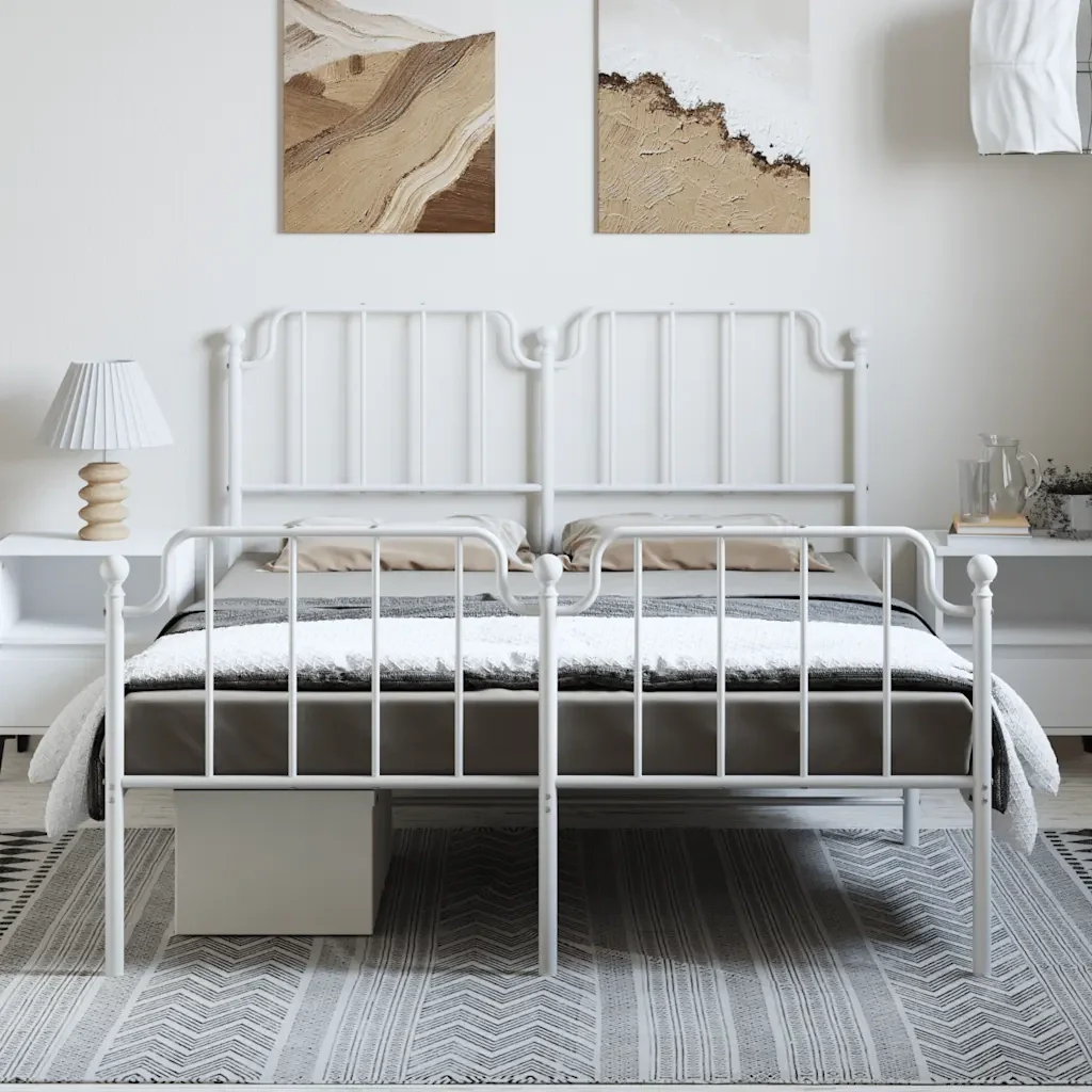 Letto matrimoniale | Letto per adulti | Giroletto con Testiera e Pediera Metallo Bianco 150x200 cm - Image 3