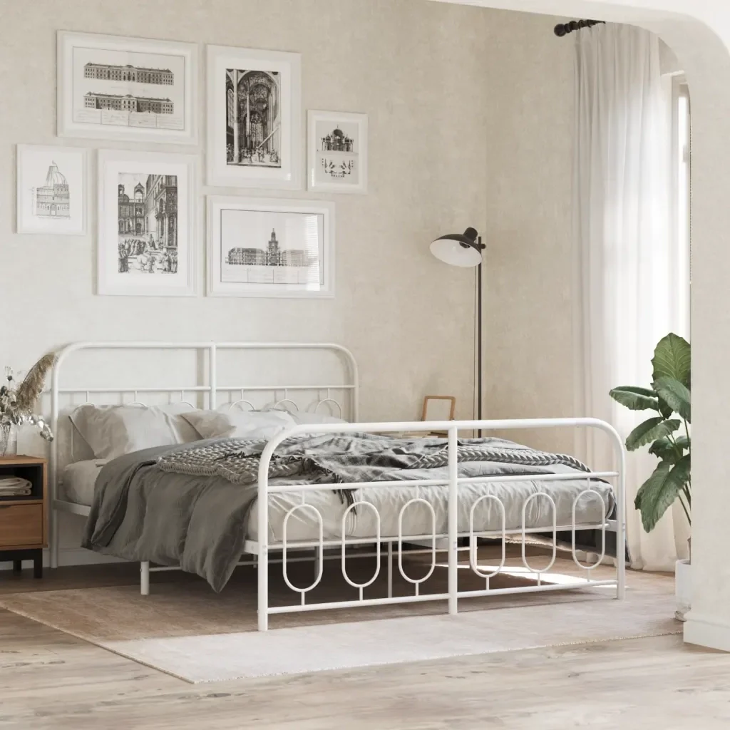 Letto matrimoniale | Letto per adulti | Giroletto con Testiera e Pediera Metallo Bianco 150x200 cm - Image 2