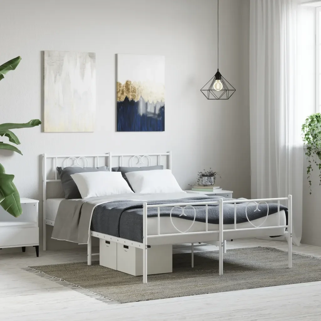 Letto matrimoniale | Letto per adulti | Giroletto con Testiera e Pediera Metallo Bianco 160x200 cm - Image 2