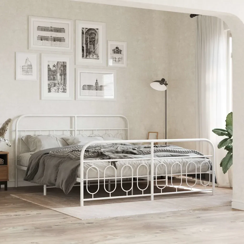 Letto matrimoniale | Letto per adulti | Giroletto con Testiera e Pediera Metallo Bianco 183x213 cm - Image 2