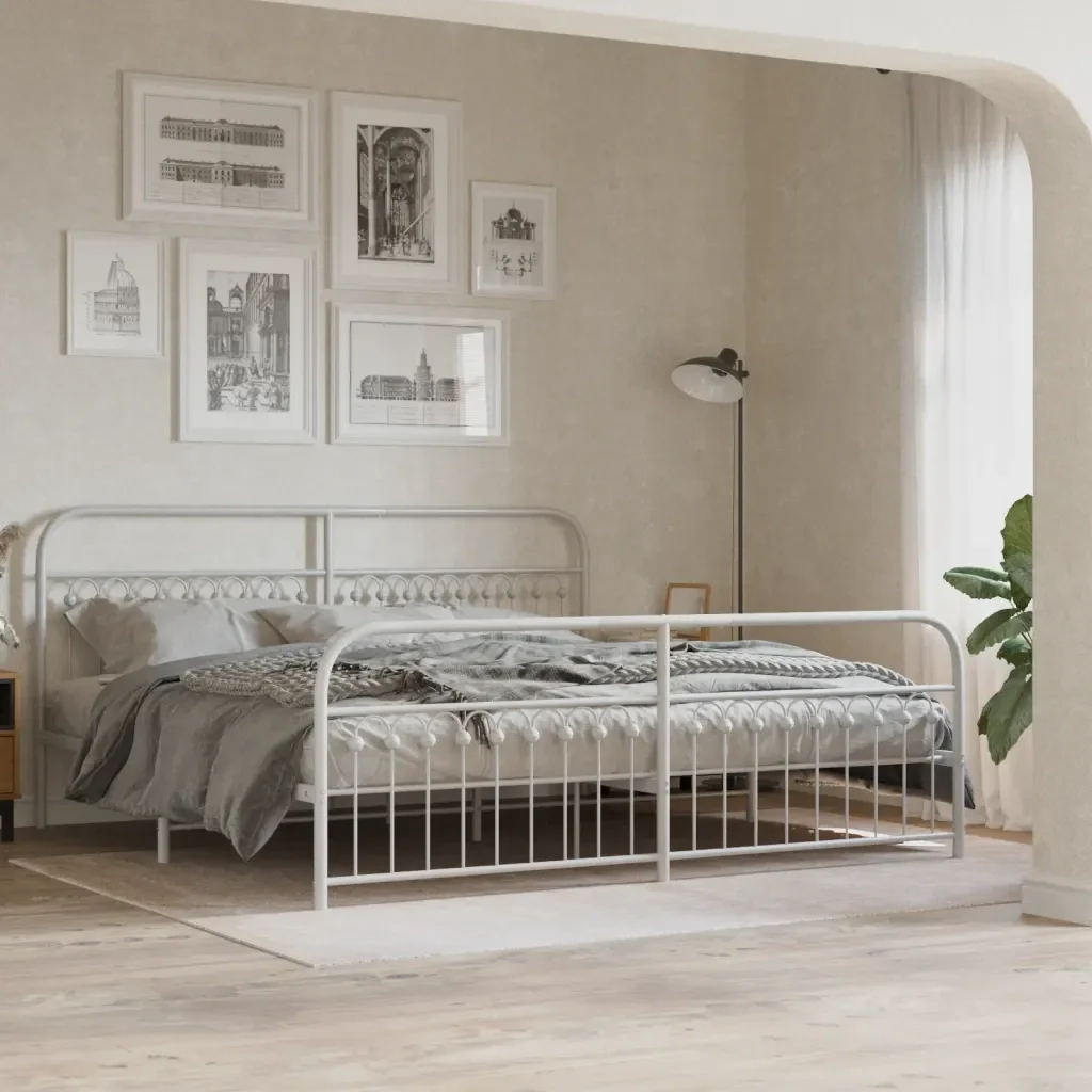 Letto matrimoniale | Letto per adulti | Giroletto con Testiera e Pediera Metallo Bianco 193x203 cm - Image 2