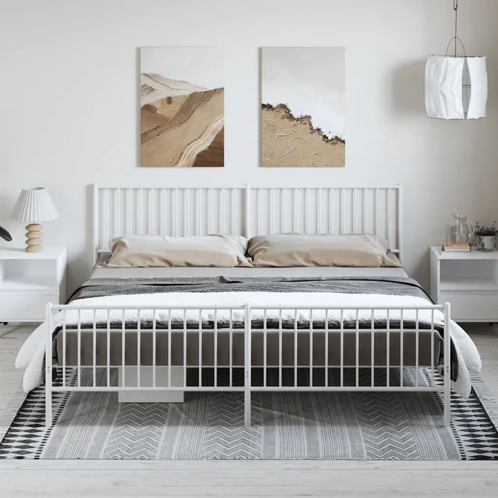 Letto matrimoniale | Letto per adulti | Giroletto con Testiera e Pediera Metallo Bianco 193x203 cm - Image 2