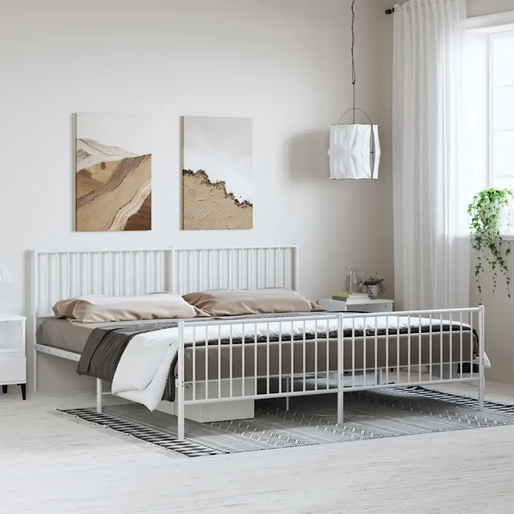 Letto matrimoniale | Letto per adulti | Giroletto con Testiera e Pediera Metallo Bianco 193x203 cm - Image 4