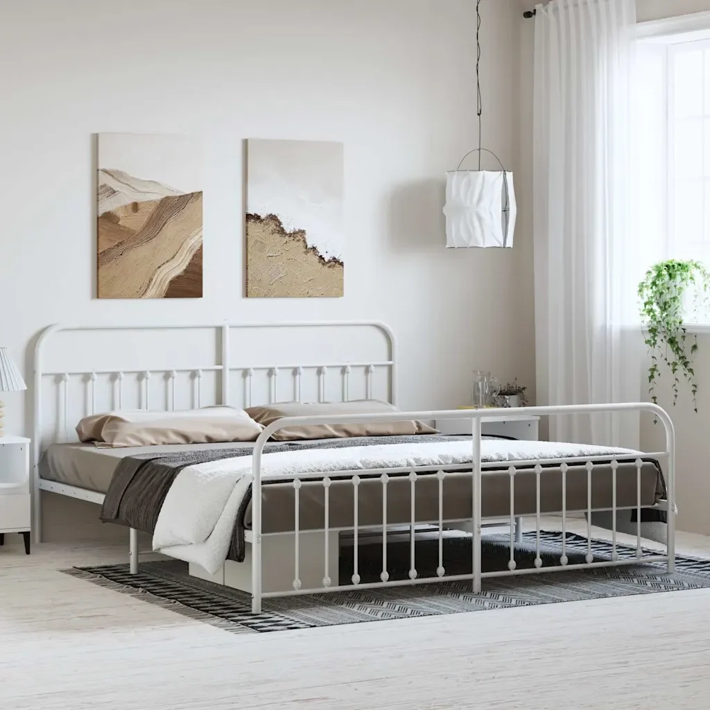 Letto matrimoniale | Letto per adulti | Giroletto con Testiera e Pediera Metallo Bianco 193x203 cm - Image 2