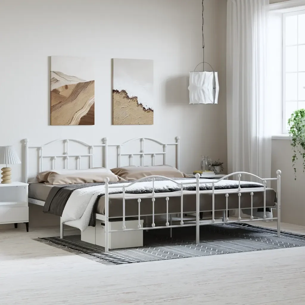 Letto matrimoniale | Letto per adulti | Giroletto con Testiera e Pediera Metallo Bianco 193x203 cm - Image 2