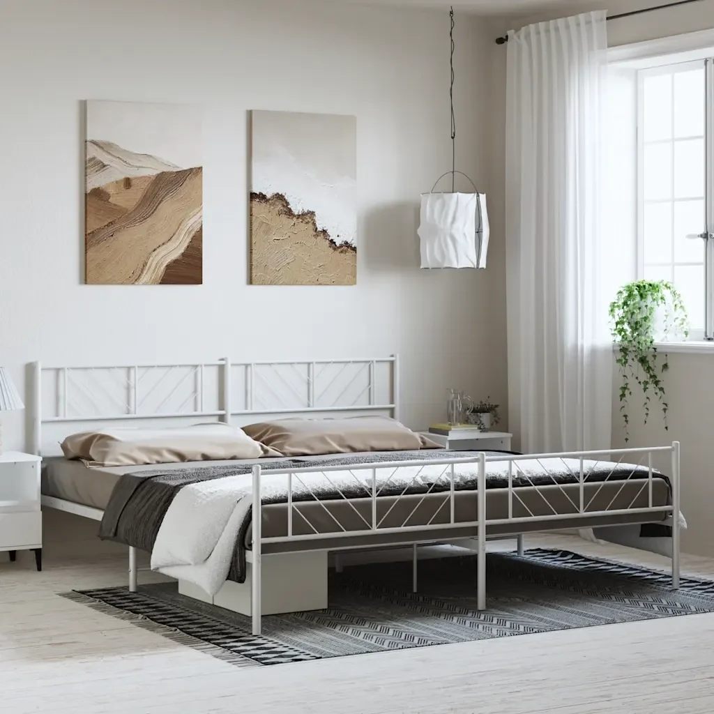 Letto matrimoniale | Letto per adulti | Giroletto con Testiera e Pediera Metallo Bianco 193x203 cm - Image 4