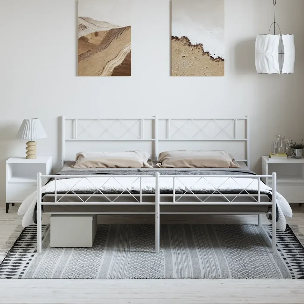 Letto matrimoniale | Letto per adulti | Giroletto con Testiera e Pediera Metallo Bianco 193x203 cm - Image 3