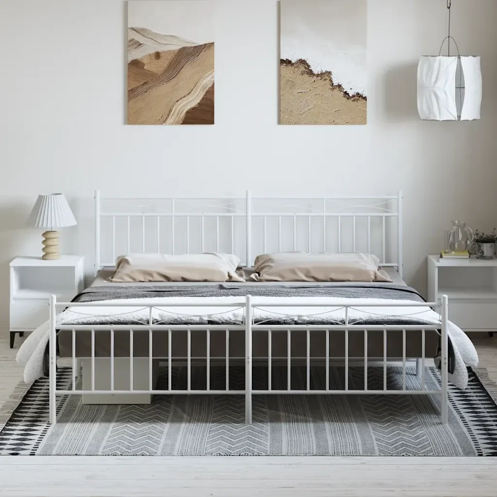 Letto matrimoniale | Letto per adulti | Giroletto con Testiera e Pediera Metallo Bianco 193x203 cm - Image 4