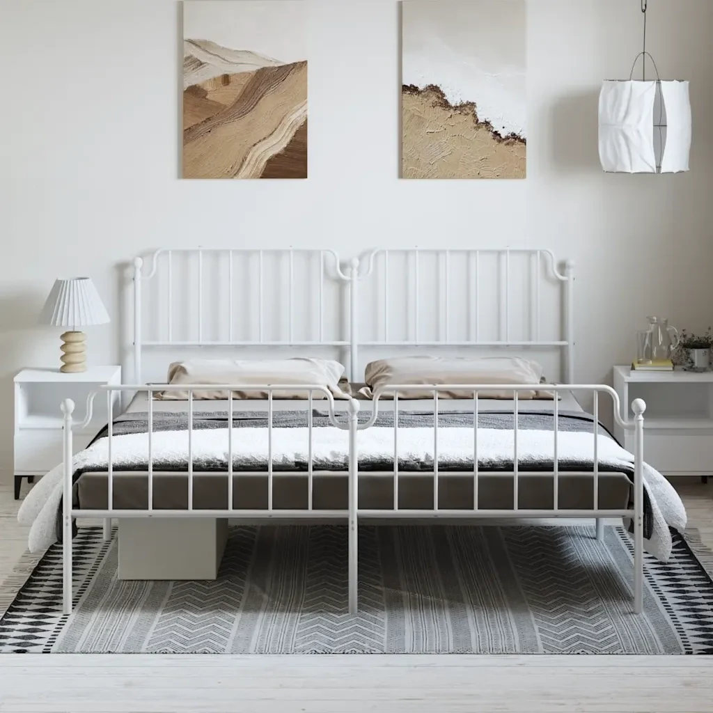 Letto matrimoniale | Letto per adulti | Giroletto con Testiera e Pediera Metallo Bianco 193x203 cm - Image 4