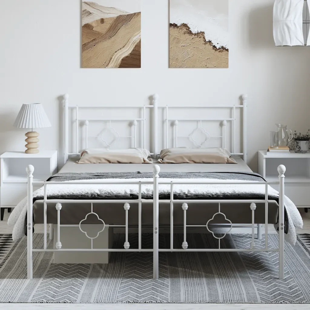 Letto matrimoniale | Letto per adulti | Giroletto con Testiera e Pediera Metallo Bianco 193x203 cm - Image 4