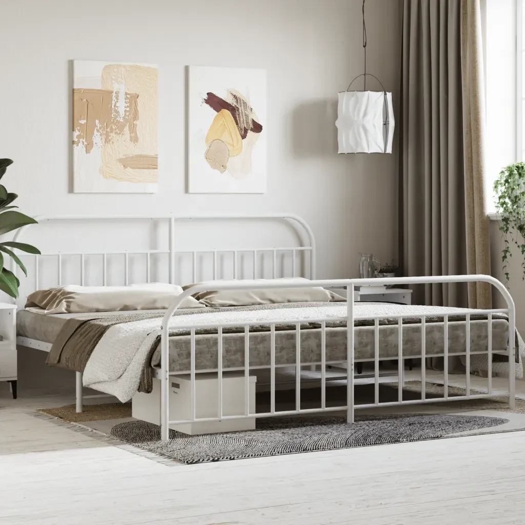 Letto matrimoniale | Letto per adulti | Giroletto con Testiera e Pediera Metallo Bianco 200x200 cm - Image 2