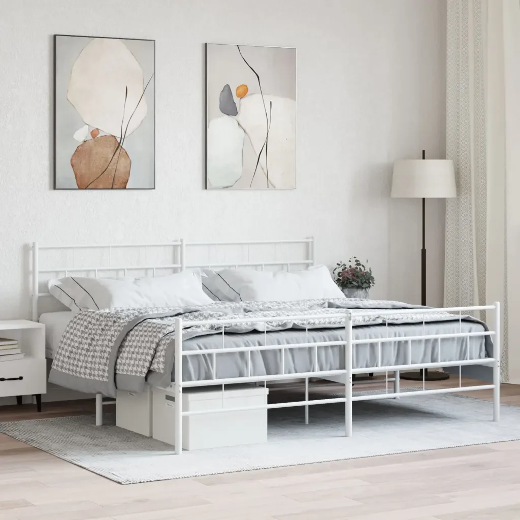 Letto matrimoniale | Letto per adulti | Giroletto con Testiera e Pediera Metallo Bianco 200x200 cm - Image 2