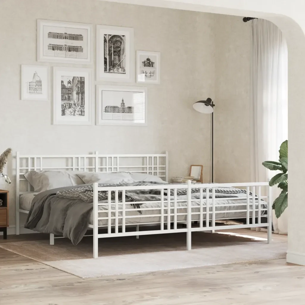 Letto matrimoniale | Letto per adulti | Giroletto con Testiera e Pediera Metallo Bianco 200x200 cm - Image 2