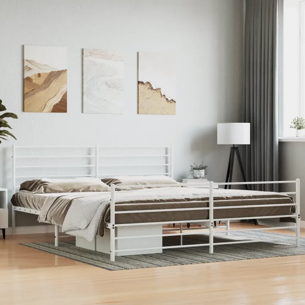 Letto matrimoniale | Letto per adulti | Giroletto con Testiera e Pediera Metallo Bianco 200x200 cm - Image 2