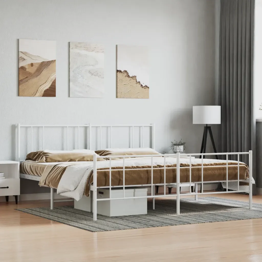 Letto matrimoniale | Letto per adulti | Giroletto con Testiera e Pediera Metallo Bianco 200x200 cm - Image 2