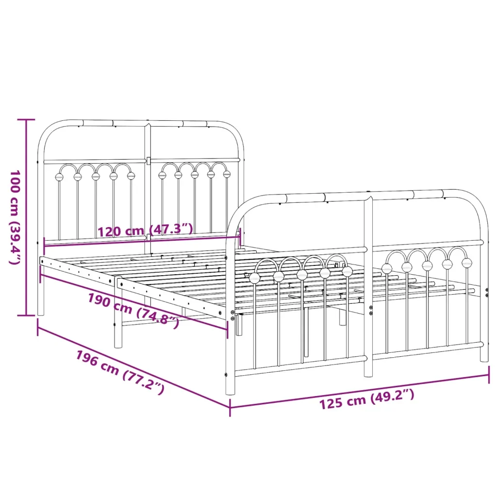 Letto matrimoniale | Letto per adulti | Giroletto con Testiera e Pediera Metallo Nero 120x190 cm - Image 8