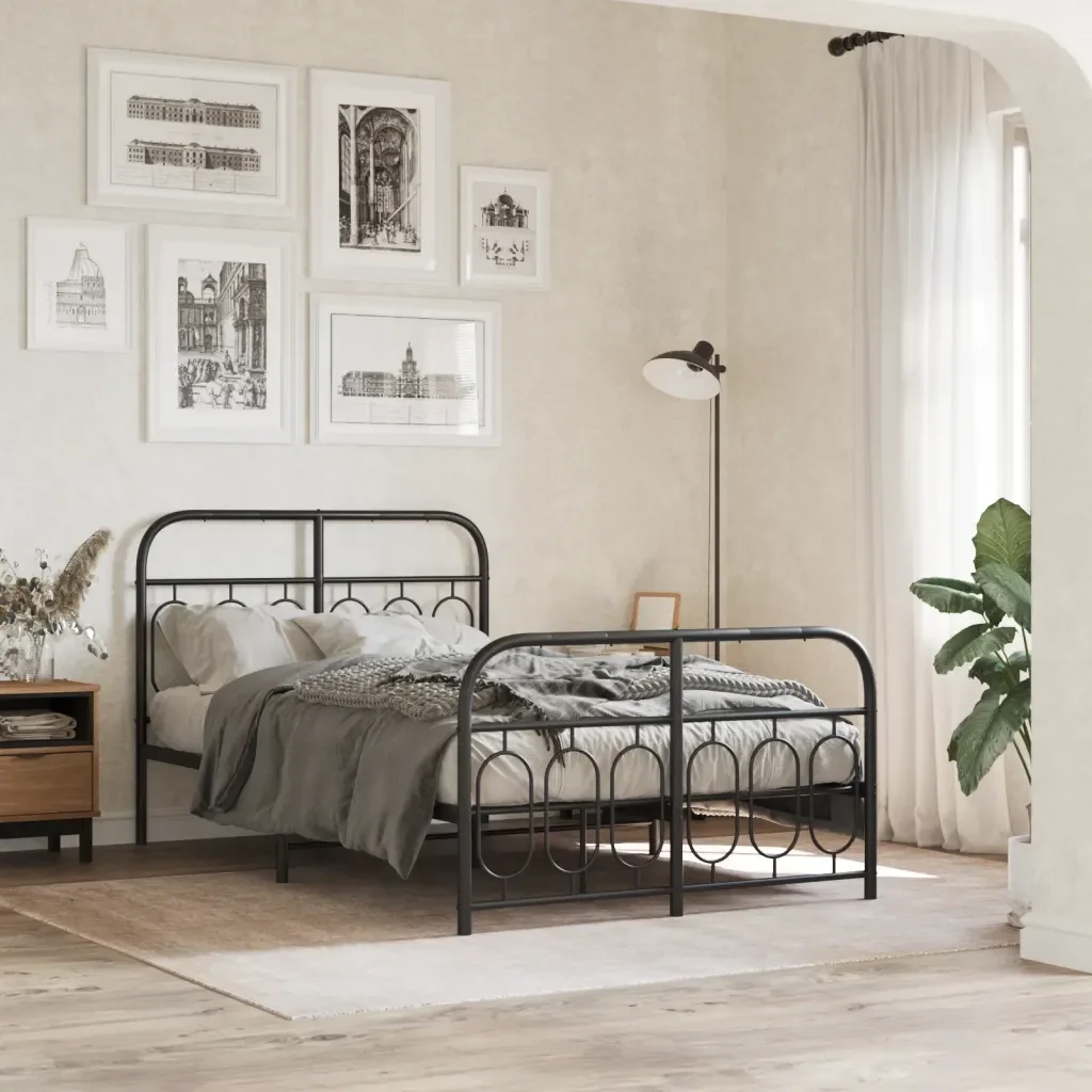 Letto matrimoniale | Letto per adulti | Giroletto con Testiera e Pediera Metallo Nero 120x190 cm - Image 2