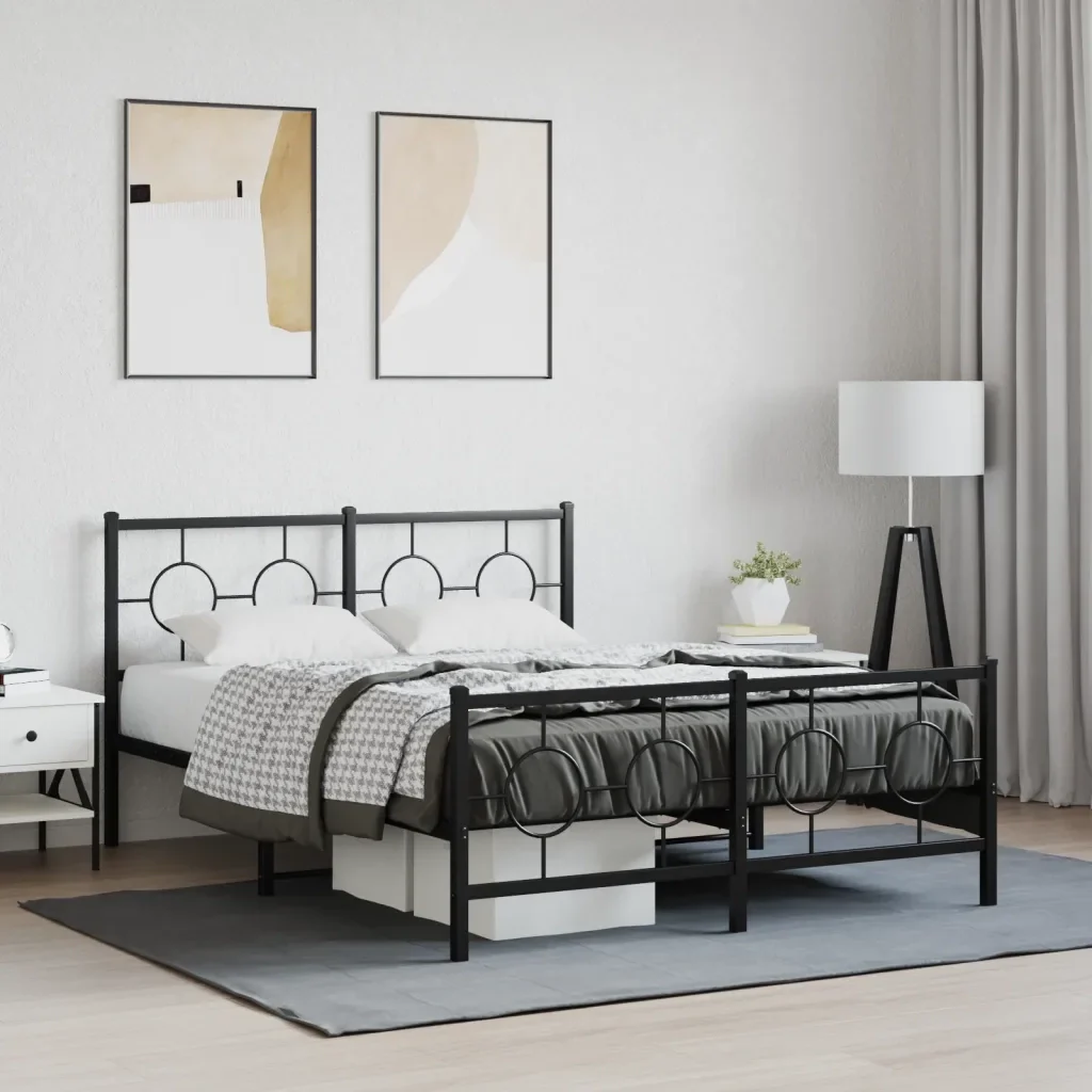 Letto matrimoniale | Letto per adulti | Giroletto con Testiera e Pediera Metallo Nero 135x190 cm - Image 2