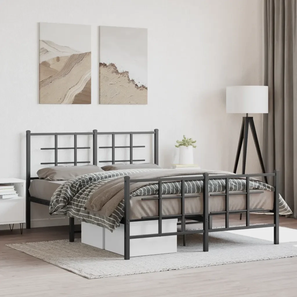 Letto matrimoniale | Letto per adulti | Giroletto con Testiera e Pediera Metallo Nero 135x190 cm - Image 2