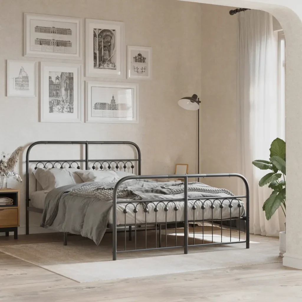 Letto matrimoniale | Letto per adulti | Giroletto con Testiera e Pediera Metallo Nero 137x190 cm - Image 2