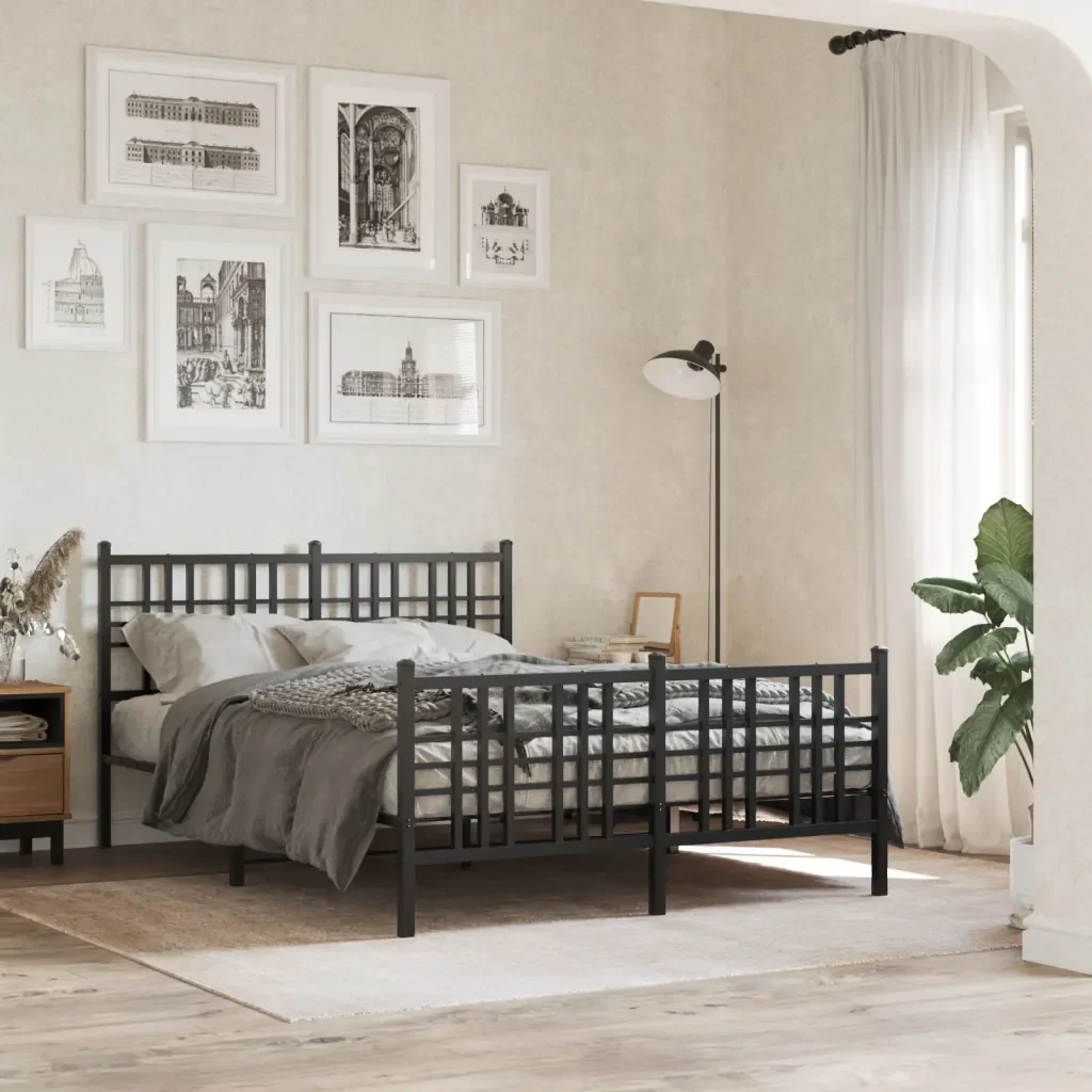 Letto matrimoniale | Letto per adulti | Giroletto con Testiera e Pediera Metallo Nero 137x190 cm - Image 2