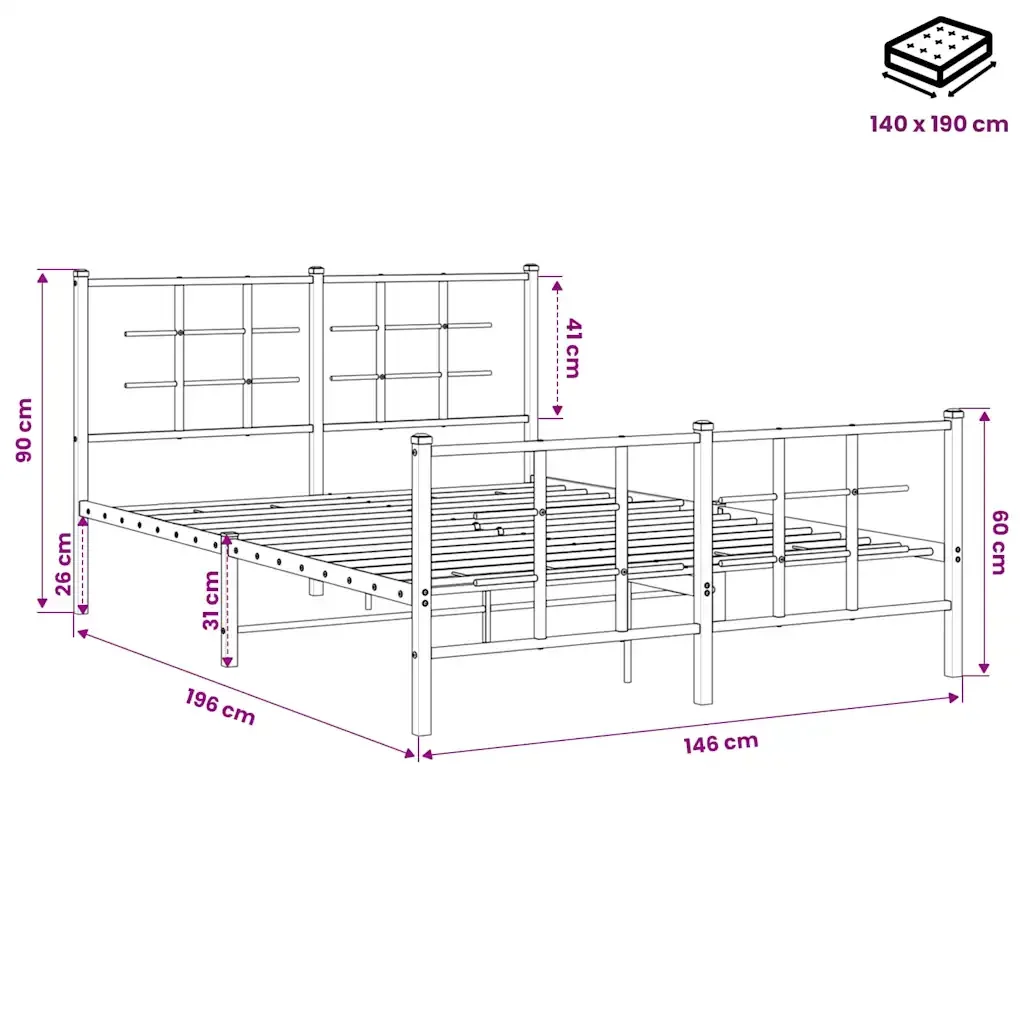 Letto matrimoniale | Letto per adulti | Giroletto con Testiera e Pediera Metallo Nero 140x190 cm - Image 10