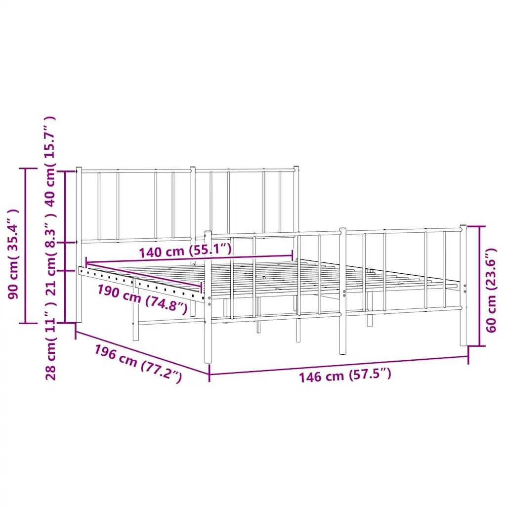 Letto matrimoniale | Letto per adulti | Giroletto con Testiera e Pediera Metallo Nero 140x190 cm - Image 10
