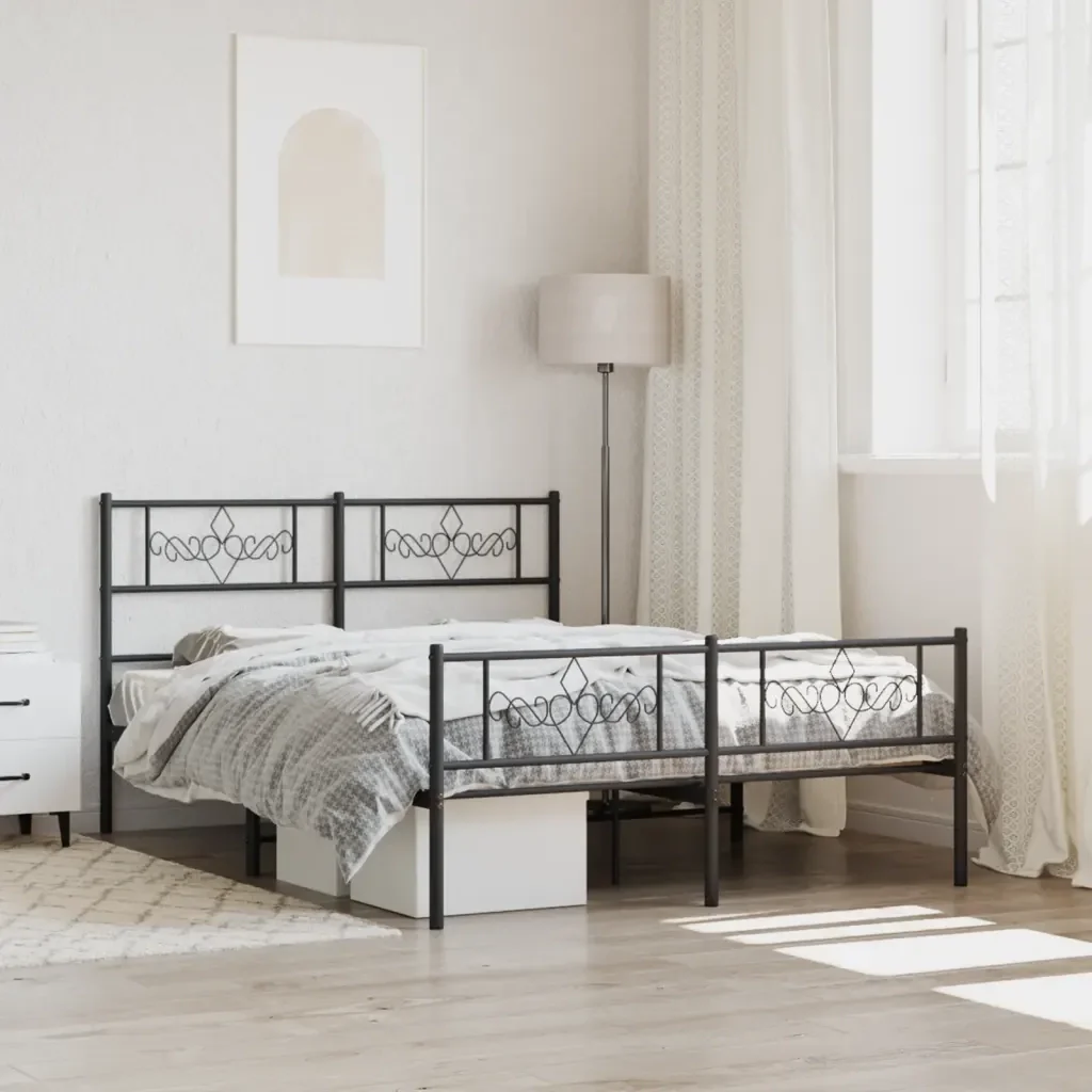 Letto matrimoniale | Letto per adulti | Giroletto con Testiera e Pediera Metallo Nero 140x190 cm - Image 2