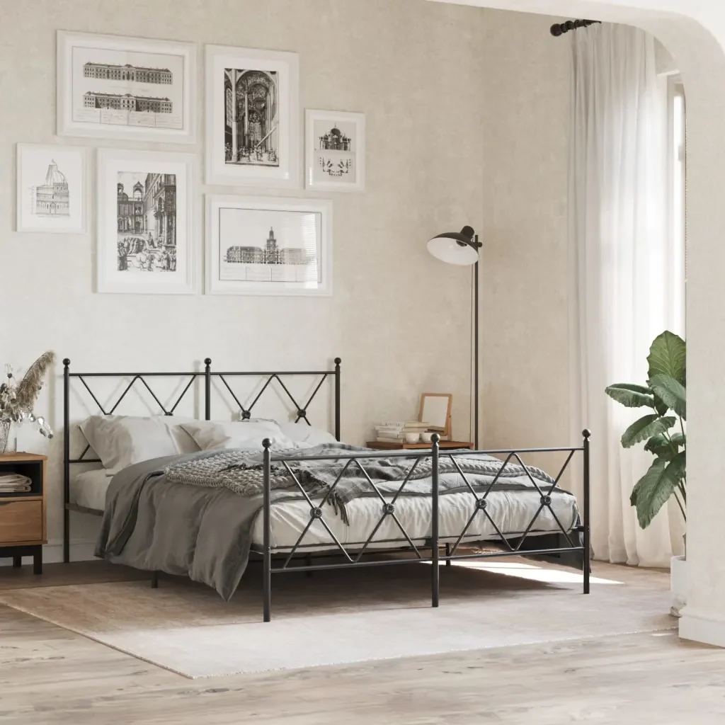 Letto matrimoniale | Letto per adulti | Giroletto con Testiera e Pediera Metallo Nero 140x190 cm - Image 2