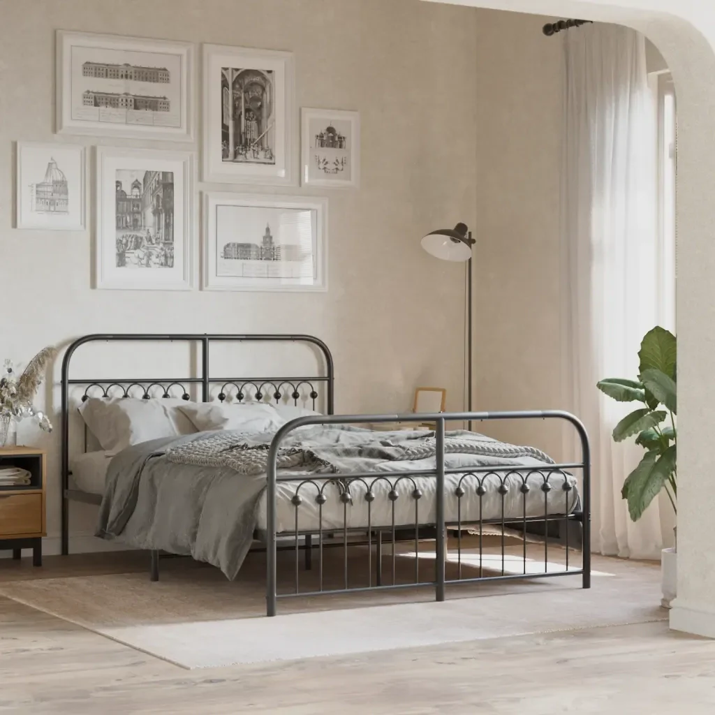 Letto matrimoniale | Letto per adulti | Giroletto con Testiera e Pediera Metallo Nero 140x190 cm - Image 2