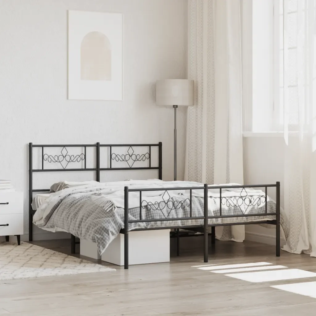 Letto matrimoniale | Letto per adulti | Giroletto con Testiera e Pediera Metallo Nero 140x200 cm - Image 2
