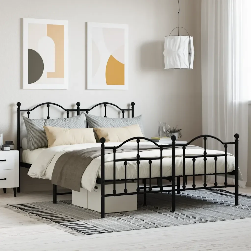 Letto matrimoniale | Letto per adulti | Giroletto con Testiera e Pediera Metallo Nero 140x200 cm - Image 2