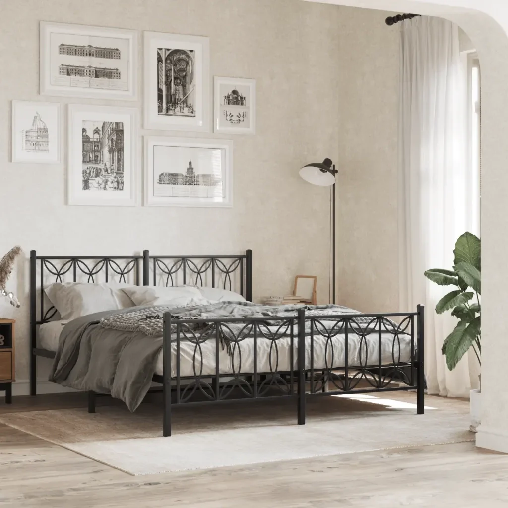 Letto matrimoniale | Letto per adulti | Giroletto con Testiera e Pediera Metallo Nero 150x200 cm - Image 2