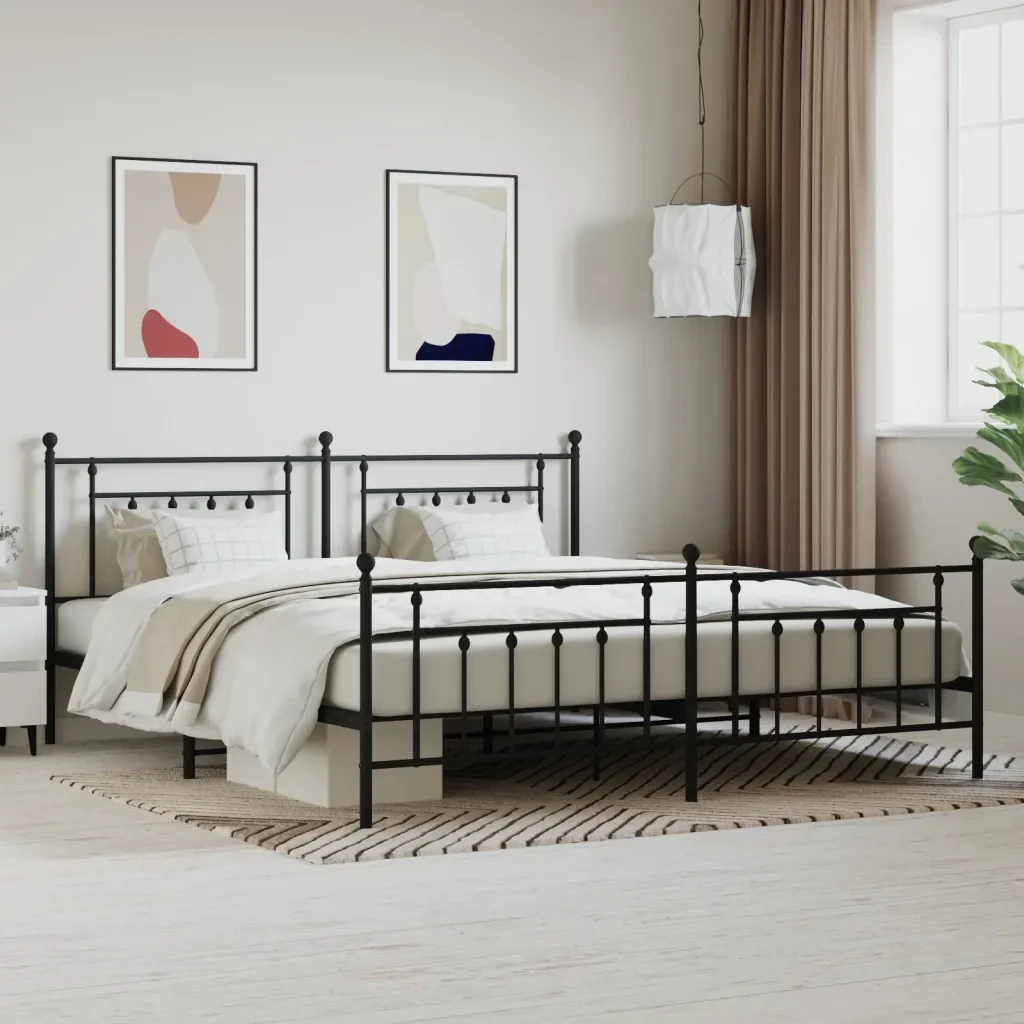 Letto matrimoniale | Letto per adulti | Giroletto con Testiera e Pediera Metallo Nero 200x200 cm - Image 2