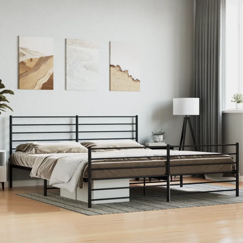 Letto matrimoniale | Letto per adulti | Giroletto con Testiera e Pediera Metallo Nero 200x200 cm - Image 2