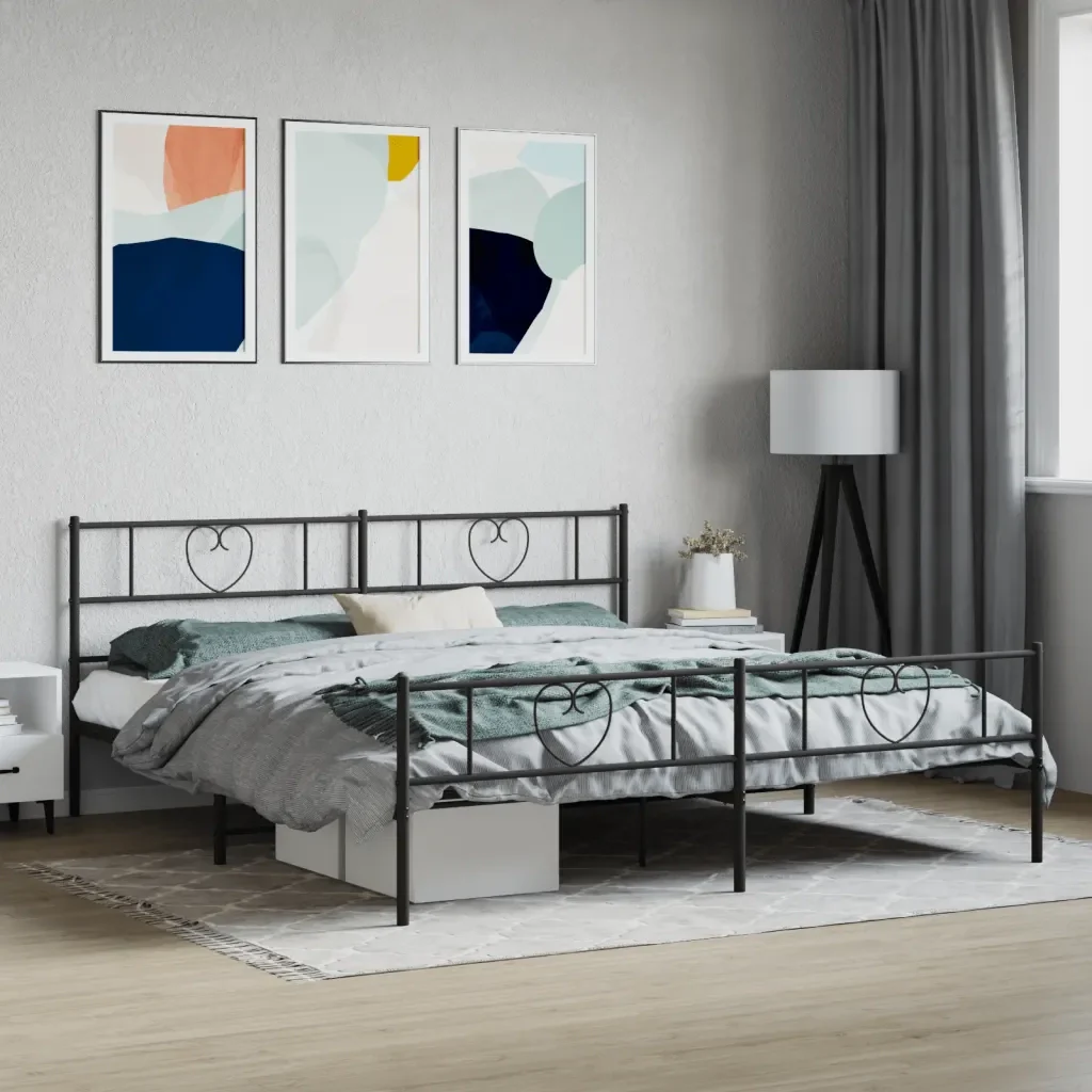 Letto matrimoniale | Letto per adulti | Giroletto con Testiera e Pediera Metallo Nero 200x200 cm - Image 2