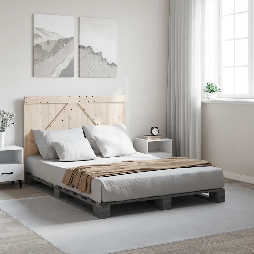 Letto matrimoniale | Letto per adulti | Giroletto con Testiera Grigio 140x200 cm Legno Massello di Pino - Image 2