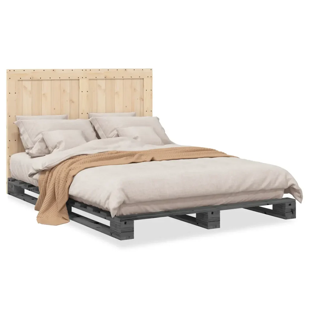 Letto matrimoniale | Letto per adulti | Giroletto con Testiera Grigio 140x200 cm Legno Massello di Pino