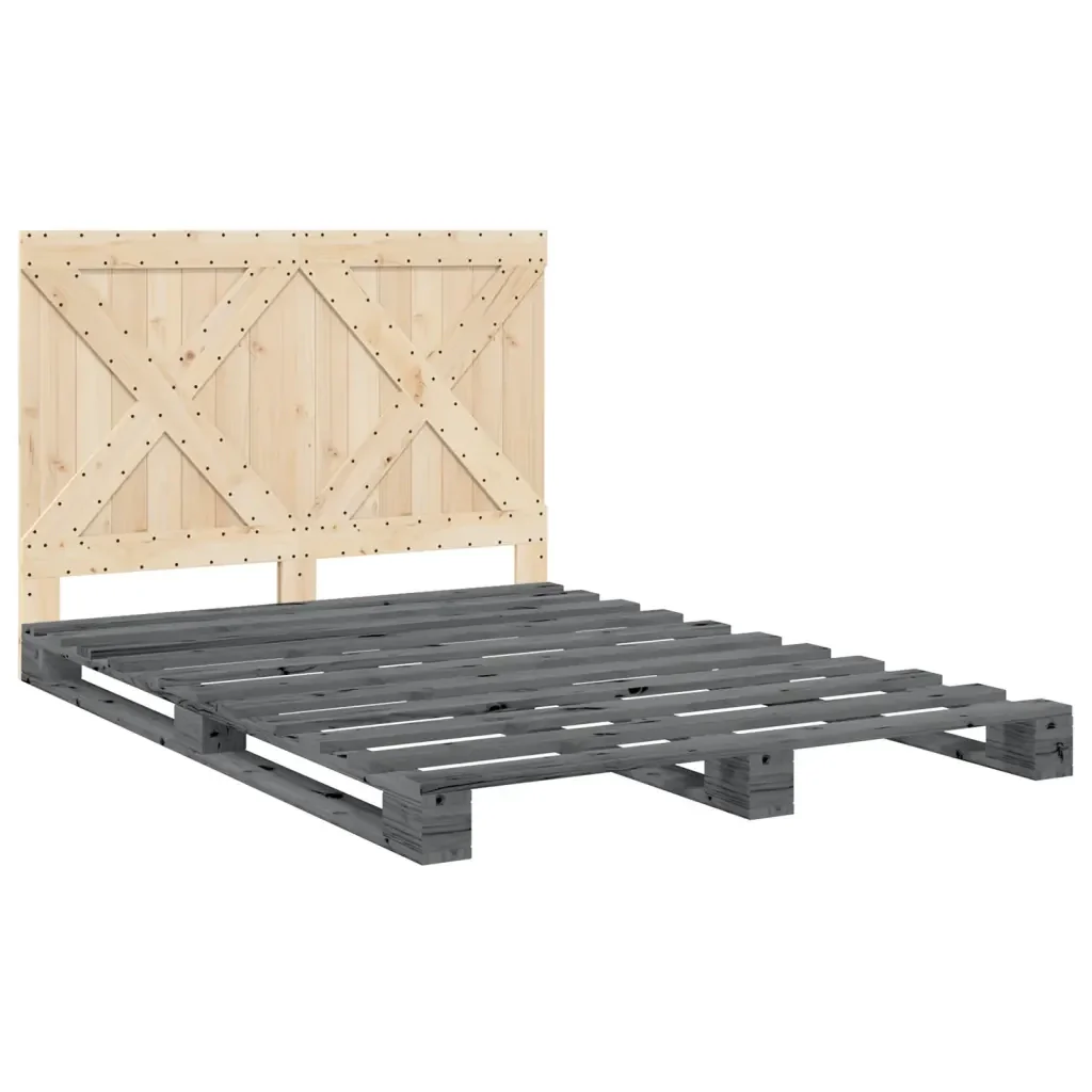 Letto matrimoniale | Letto per adulti | Giroletto con Testiera Grigio 140x200 cm Legno Massello di Pino - Image 3