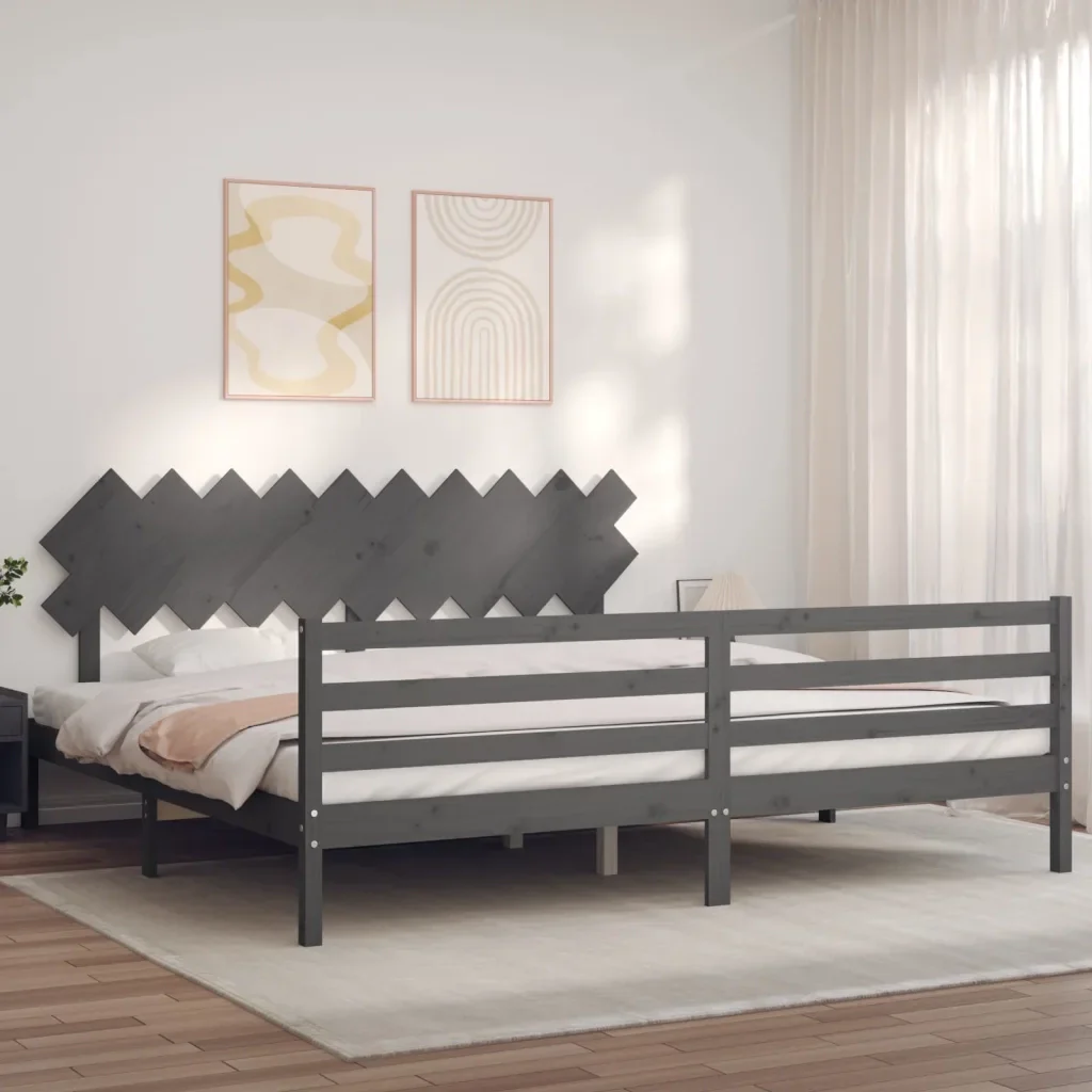 Letto matrimoniale | Letto per adulti | Giroletto con Testiera Grigio 200x200 cm in Legno Massello - Image 4