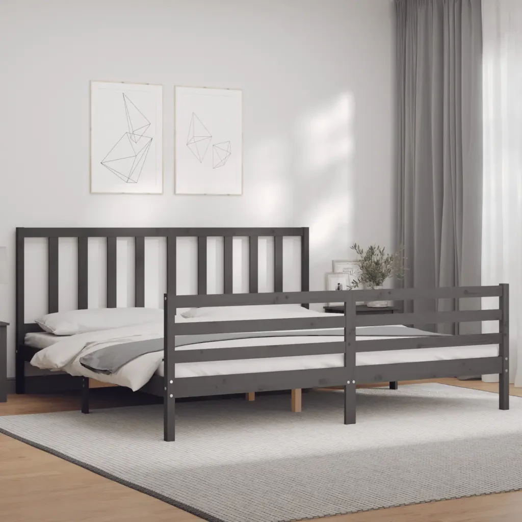 Letto matrimoniale | Letto per adulti | Giroletto con Testiera Grigio 200x200 cm in Legno Massello - Image 4