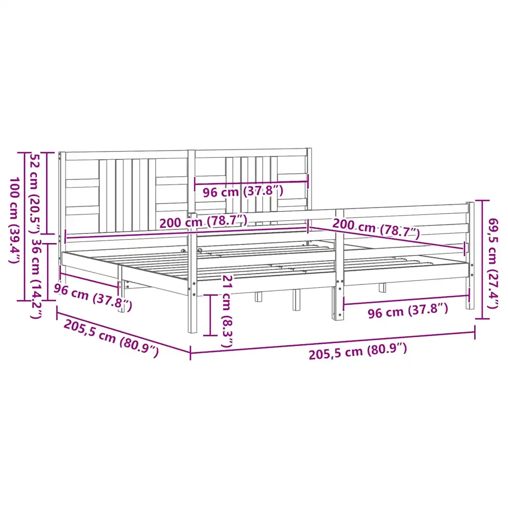 Letto matrimoniale | Letto per adulti | Giroletto con Testiera Grigio 200x200 cm in Legno Massello - Image 10