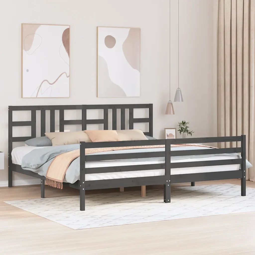 Letto matrimoniale | Letto per adulti | Giroletto con Testiera Grigio 200x200 cm in Legno Massello - Image 2